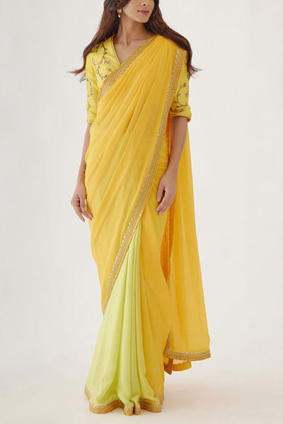Lime green and yellow ombre coin embellished sari set