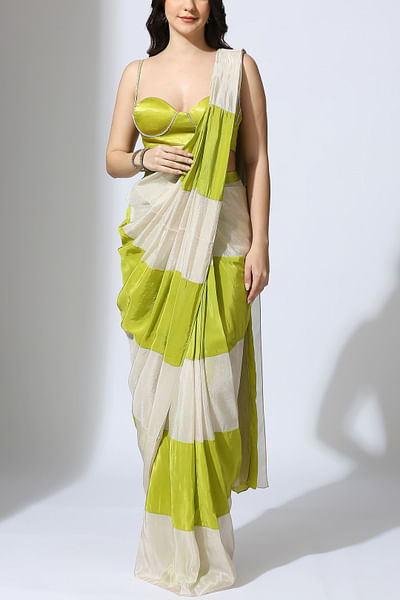 Lime green colour block sari set