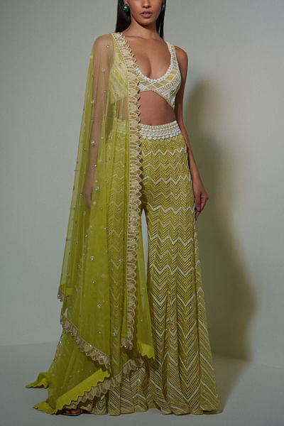 Lime green embroidered bustier top and sharara set