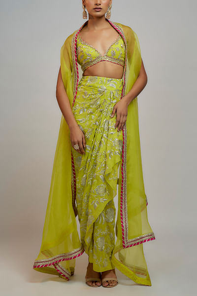 Lime green embroidered cape set