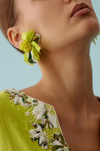 Lime green floral bead embroidery earrings