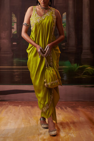Lime green floral embroidery sari drape set