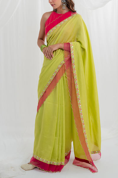 Lime green hand embroidered saree set