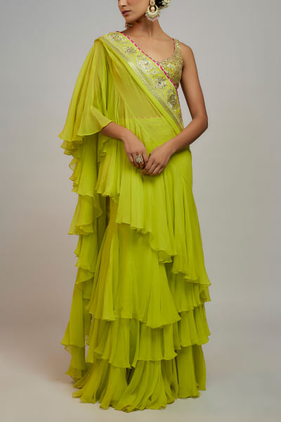 Lime green pre-draped frill sari set