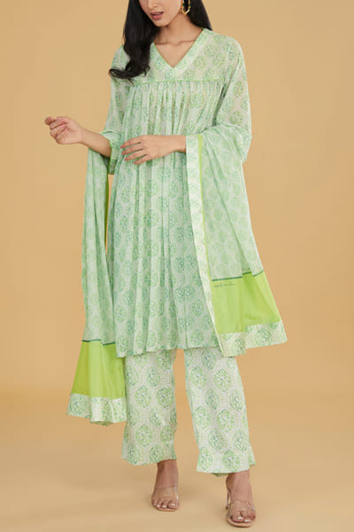 Lime green printed kurta set