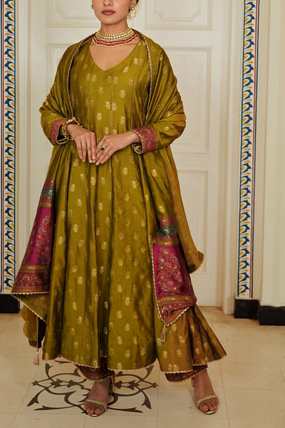 Lime green self-woven anarkali set