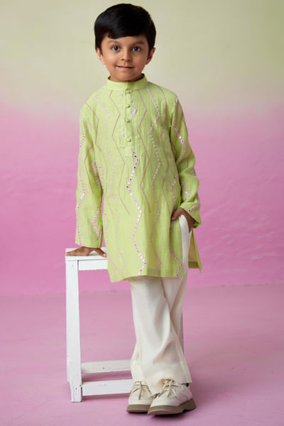 Lime mirror embroidery kurta set