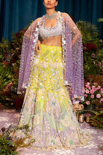 Lime ombre 3D floral embroidery lehenga set