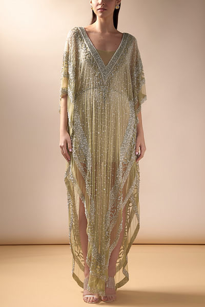 Lime pearl and crystal embellished kaftan