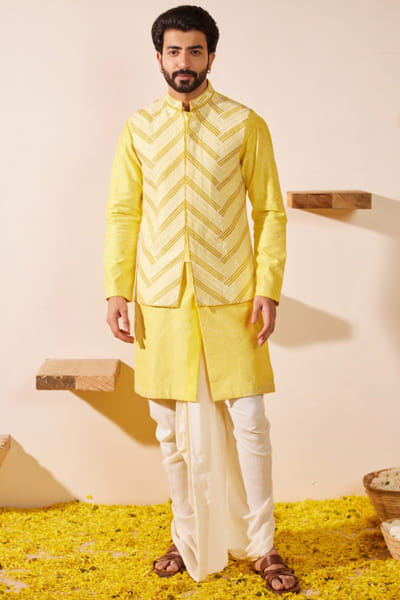 Shreyansh Designs Lime yellow chevron embroidery bandi kurta set SHRMAR25D119854