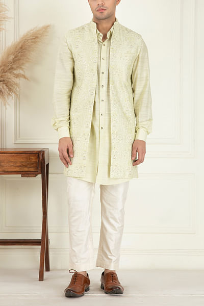 Lime yellow embroidered jacket set