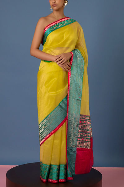 Lime yellow handwoven banarasi kadhwa organza sari set