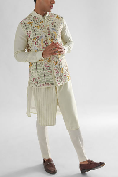 Lime yellow resham embroidered Nehru jacket set