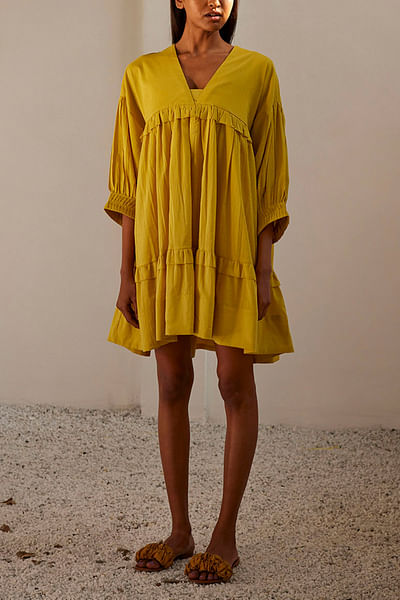 Lime yellow ruffle tiered short dress