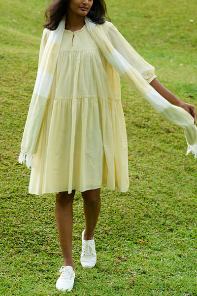 Lime yellow tiered handloom dress and stole