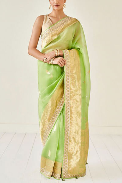 Lime zardozi embellished banarasi sari set