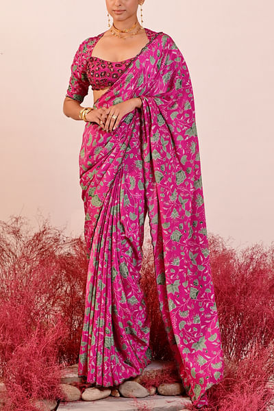 Magenta floral print sari set