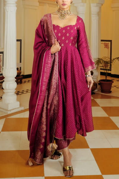 Magenta self-woven anarkali set