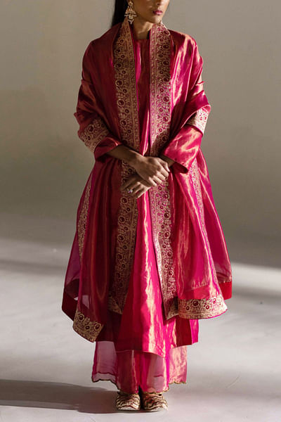 Magenta woven tissue silk kurta set