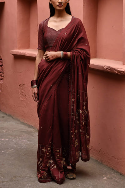 Mahogany embroidered sari set