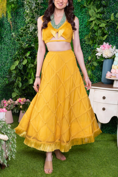 Mango tea embellished lehenga set