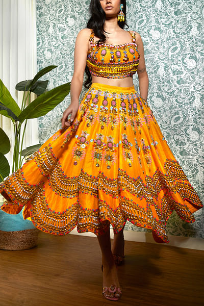 Mango yellow 3D embellished short lehenga set