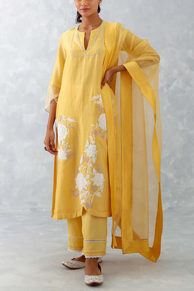 Mango yellow embroidered kurta set