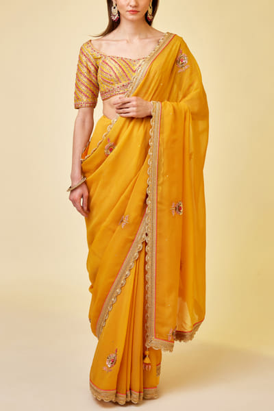 Shyam Narayan Prasad Mango yellow embroidered sari set SNPMAR202309
