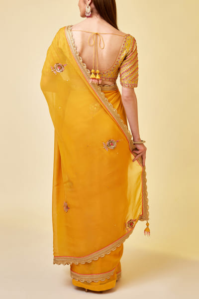 Shyam Narayan Prasad Mango yellow embroidered sari set SNPMAR202309