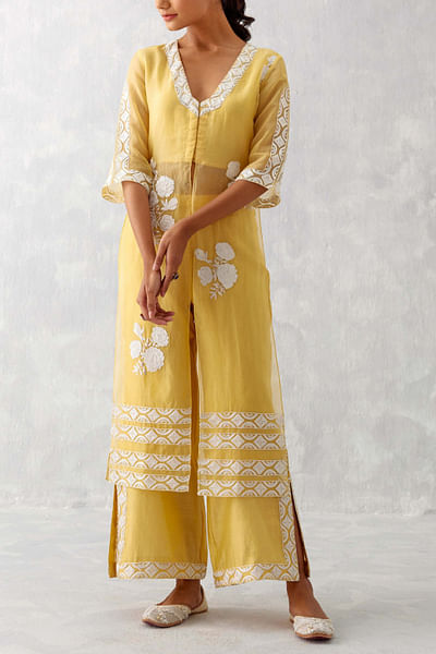 Mango yellow floral embroidered kurta set