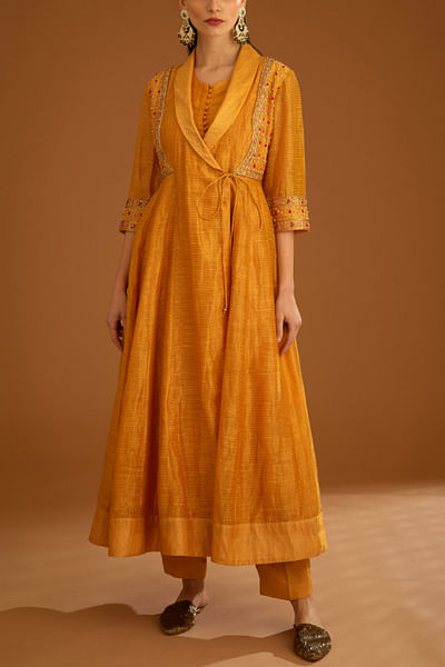 Mango yellow zardozi embroidered angrakha set