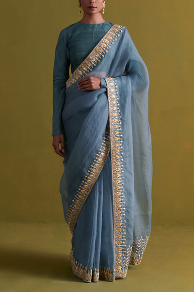 Marine blue gota patti embroidery sari set