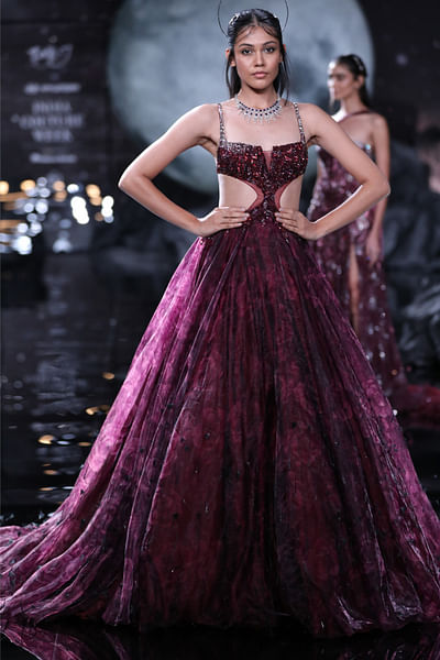 Maroon and black floral print gown