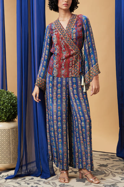 Soup by Sougat Paul Maroon and blue artsy print angrakha co-ords SSPNOV2314