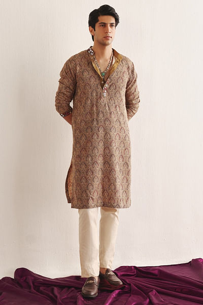 Maroon beige ajrakh kantha work kurta set