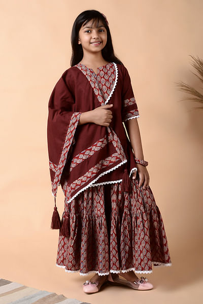 Maroon block printed sharara set