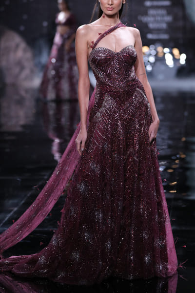Dolly J Maroon crystal embroidery draped gown DOLICWAUG2317