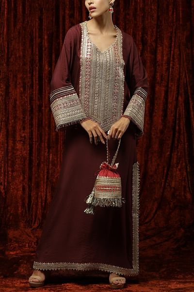 Maroon dori and gota embroidered kaftan