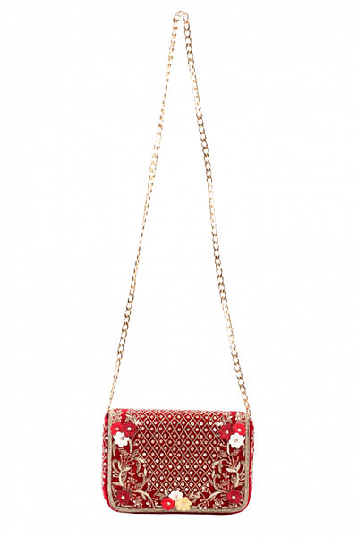 Maroon floral embroidered clutch