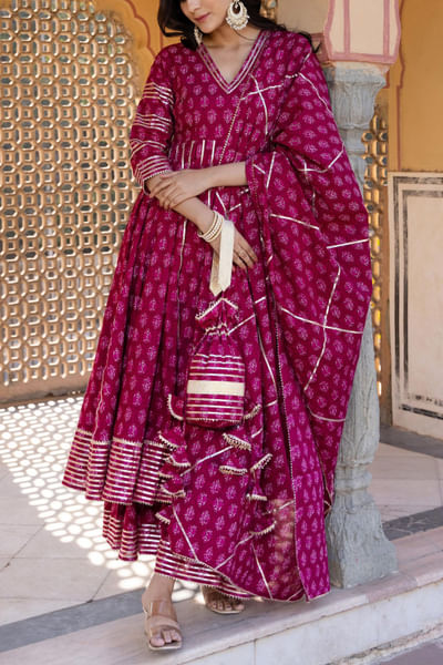 Maroon floral print anarkali set
