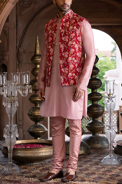 Maroon floral print bandi kurta set