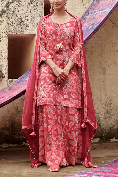 Maroon floral print sharara set