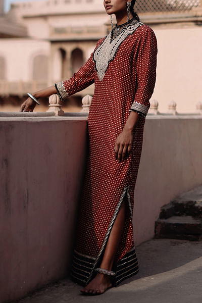 Maroon hand block printed kaftan dress