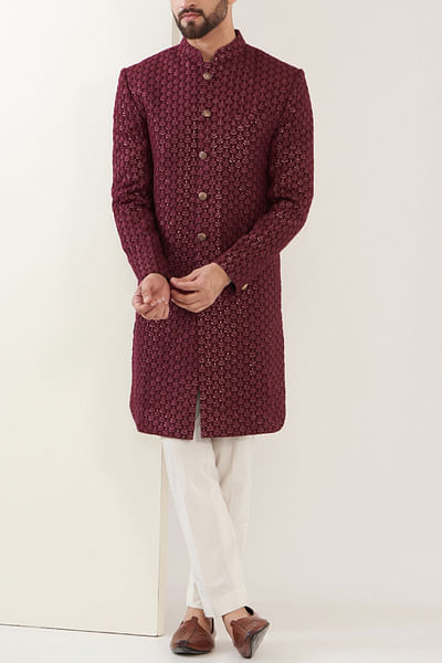 Maroon motif sequin embroidery sherwani