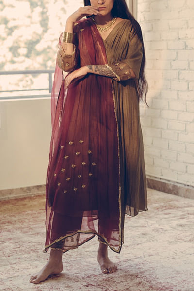 Maroon organza silk dupatta