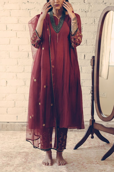 Maroon organza silk dupatta
