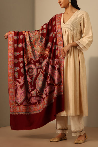 Maroon paisley abkari work pashmina shawl