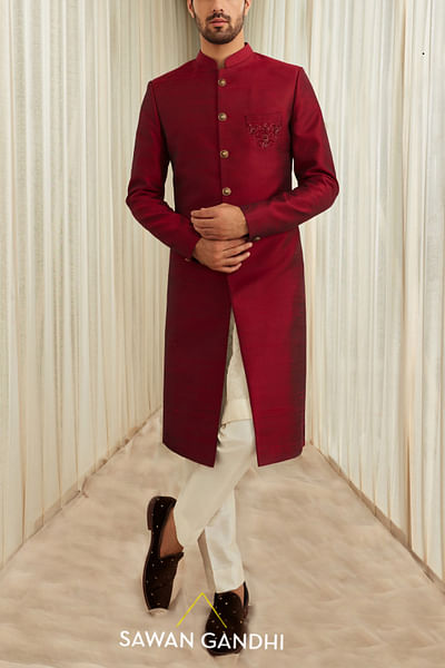 Maroon raw silk sherwani set