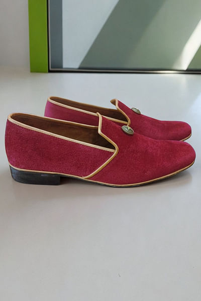 Maroon star button embellished loafers