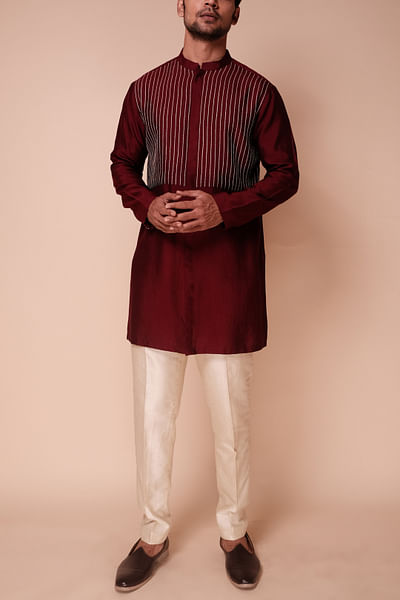 Maroon stripe embroidered kurta set